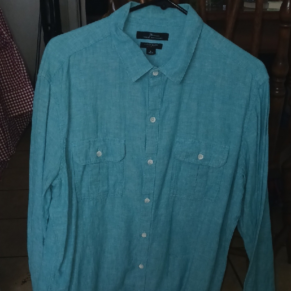 Marc Anthony Linen Blend Blue Casual Button Down Shirt